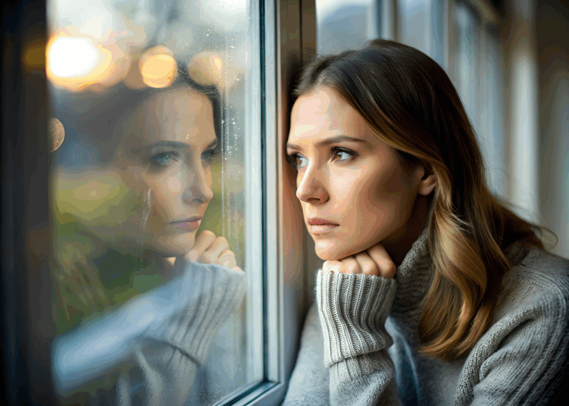 Person experiencing seasonal affective disorder sitting by a window on a cloudy winter day.