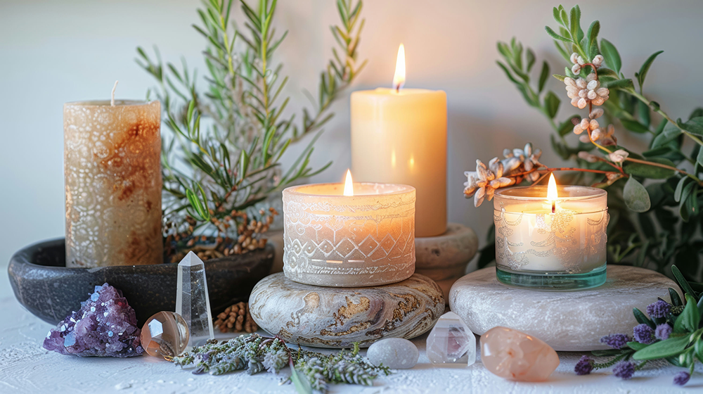 crystals and candles used during holistic therapy treaments like Reiki and meditation